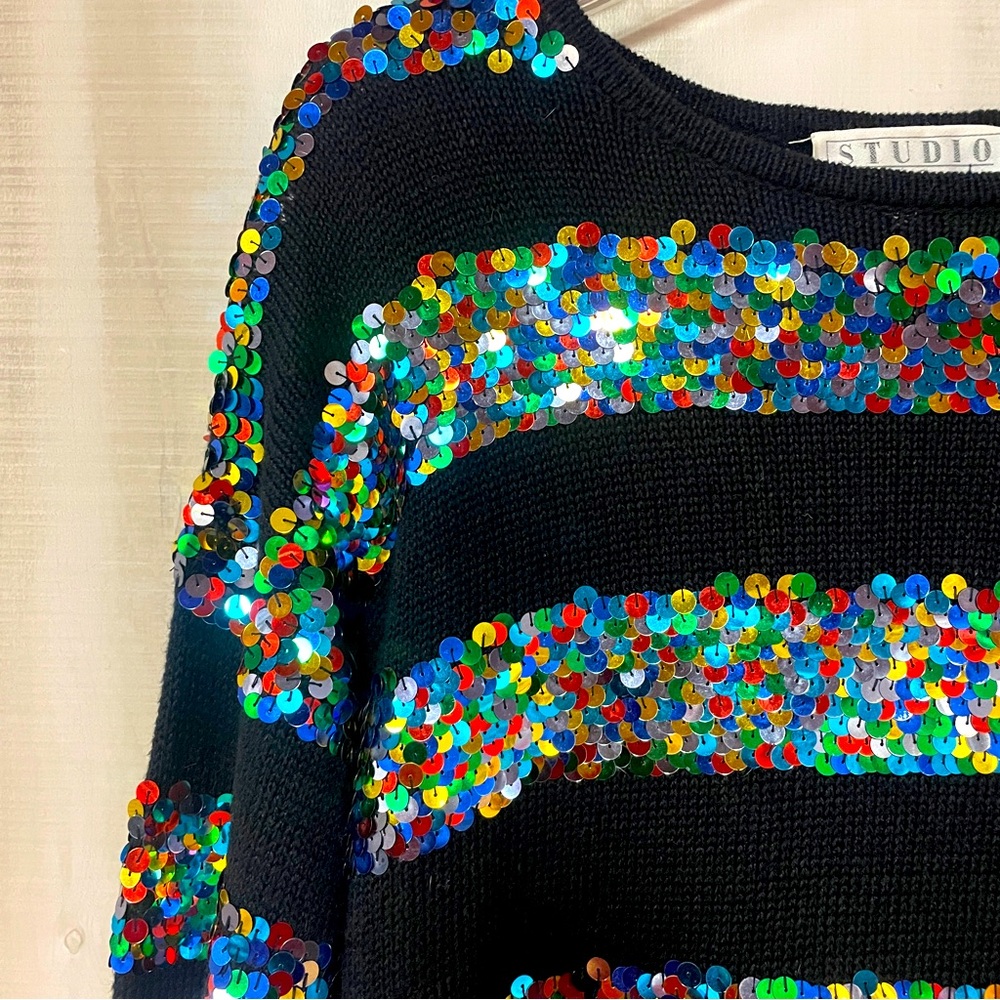 Vintage Studio Black Multicolor Sequin Cotton Blend Knit Long 80s Sweater Sz M - Picture 5 of 5